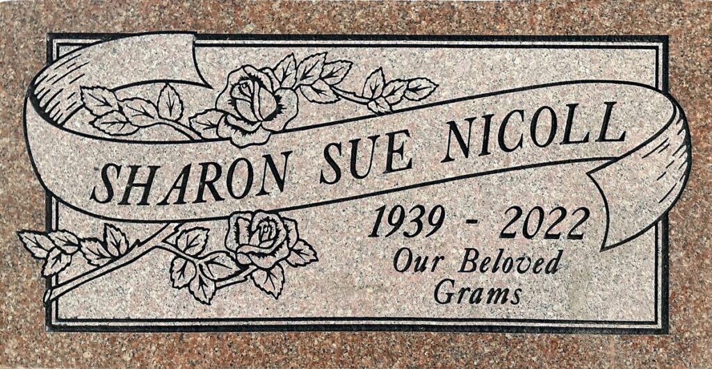 Morning Rose granite memorial with ribbon banner and roses, Nicoll family, Fairhaven Memorial Park