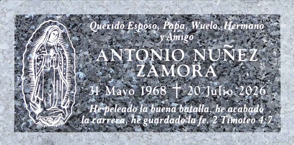 Blue Pearl granite memorial marker with virgin of guadalupe, Nuñez Zamora family, Pomona Valley Memorial Park