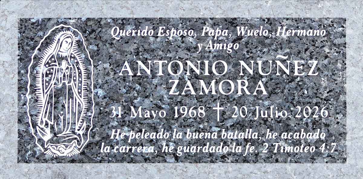 Blue Pearl granite memorial marker with virgin of guadalupe, Nuñez Zamora family, Pomona Valley Memorial Park