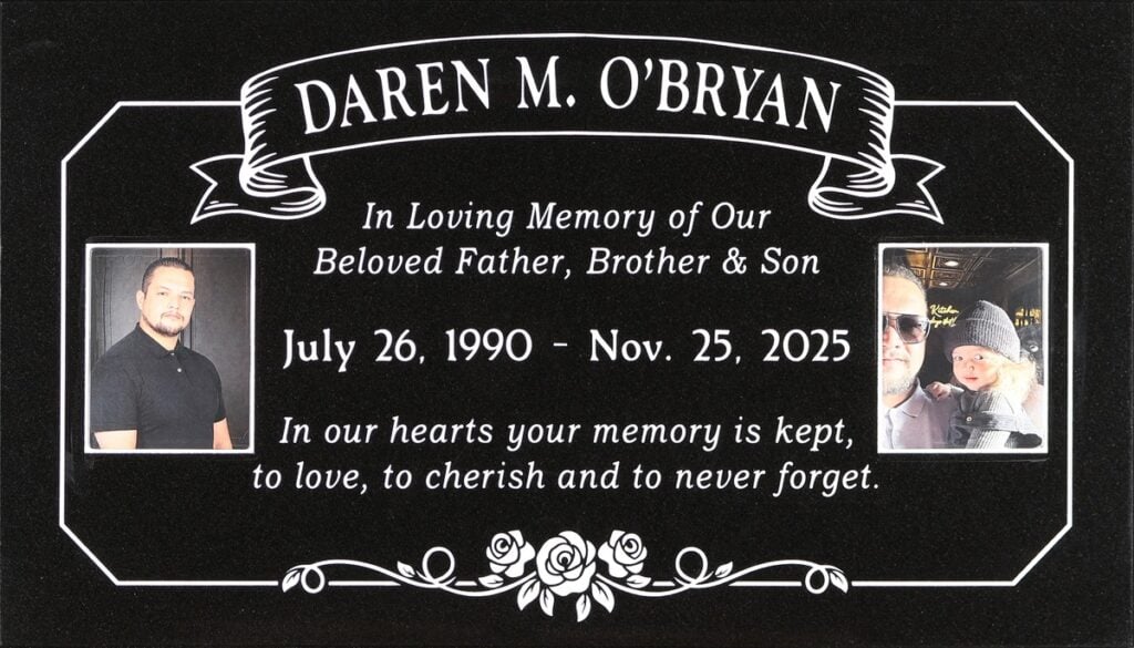 Black granite grave stone with banner with roses, O'Bryan family, Oak Park Cemetery