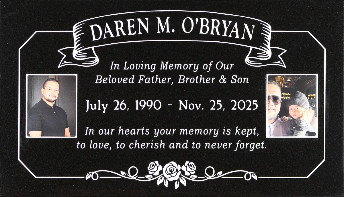 Black granite grave stone with banner with roses, O'Bryan family, Oak Park Cemetery