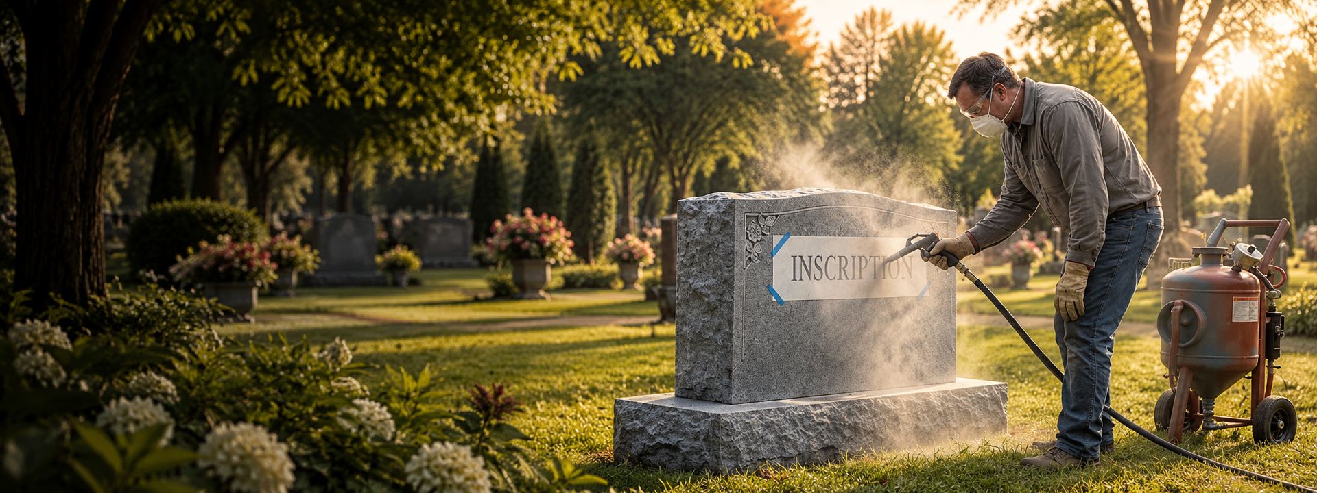 VJ Memorials craftsman sandblasting a new inscription into a gray granite headstone at the gravesite