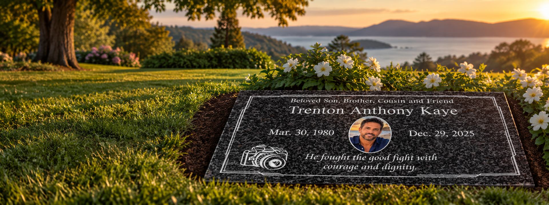 Flat black granite grave marker at sunset overlooking the ocean, Pacific View Memorial Park, Corona del Mar