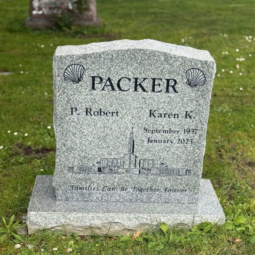 Southern White granite companion upright monument with temple and seashells, Packer family, Oak Park Cemetery