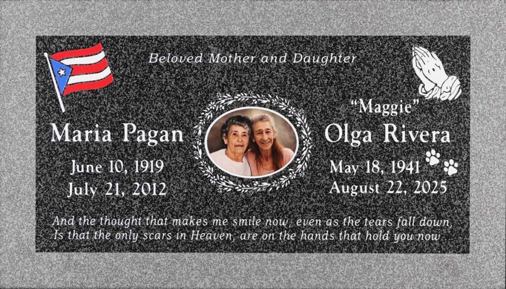 Oxford Gray granite companion grave stone with portrait wreath and flag, Pagan family, Pomona Valley Memorial Park