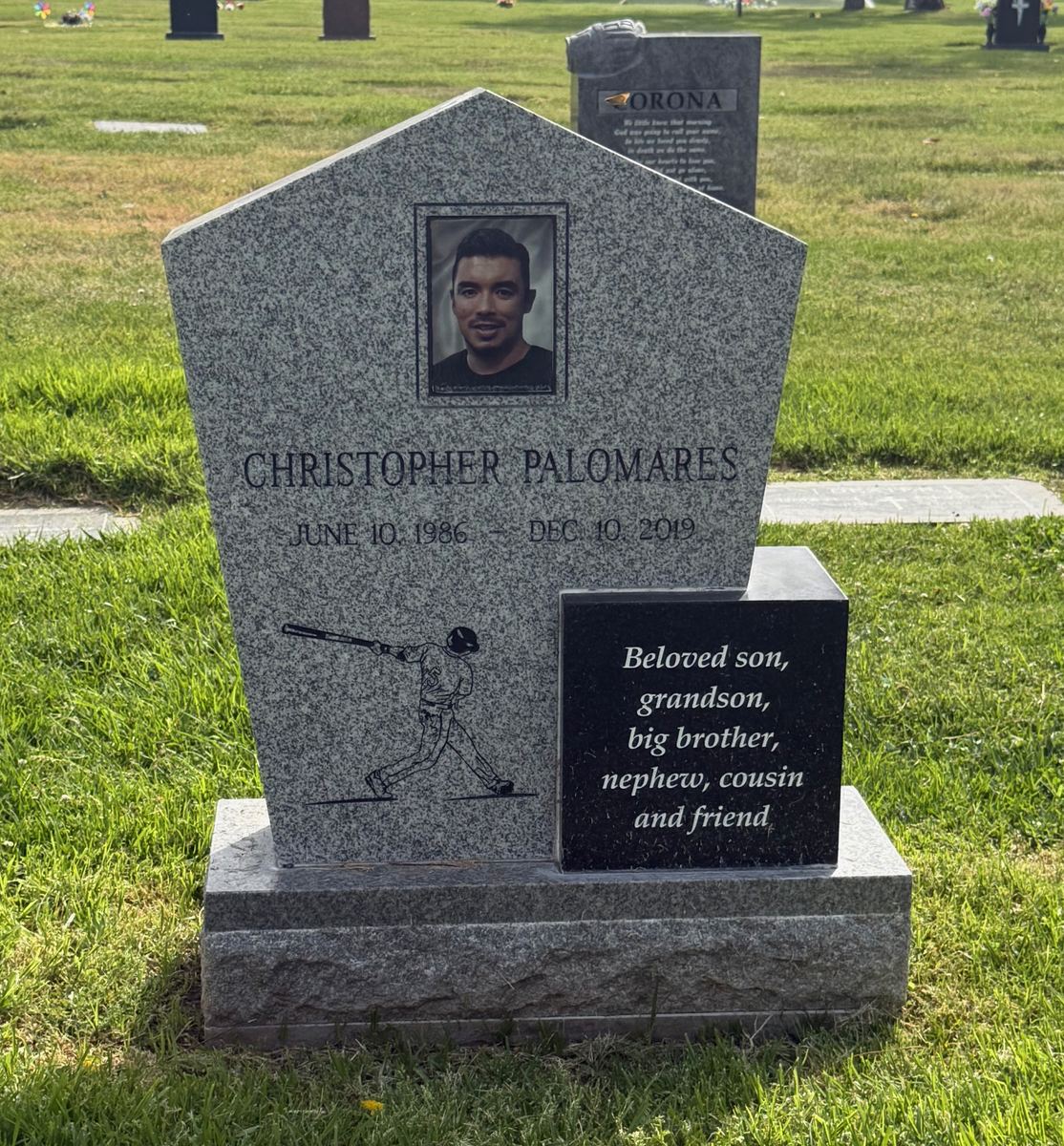 Southern White granite upright monument with baseball player portrait, Palomares family, Bellevue Memorial Park