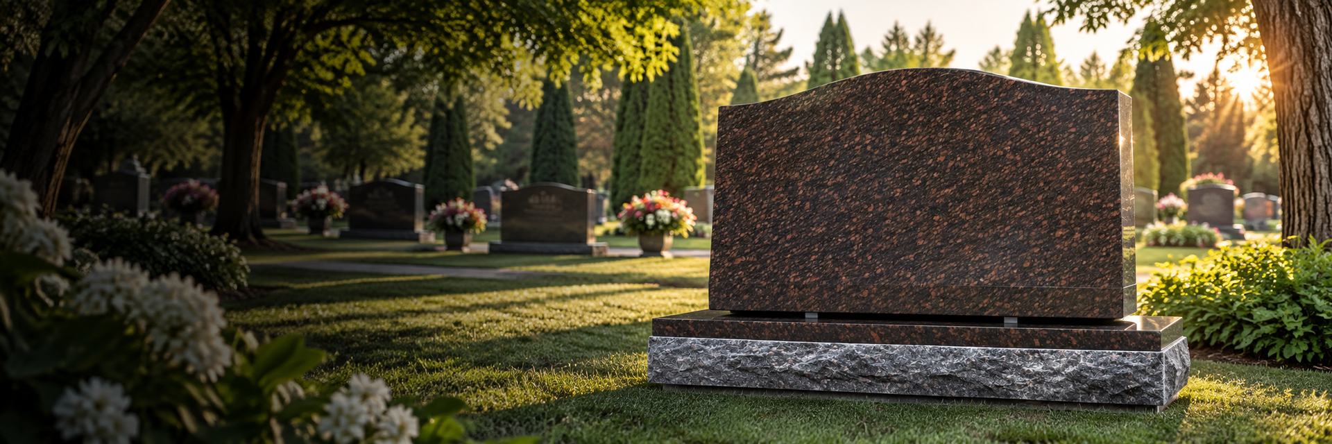 Blank brown granite upright monument on a rock-pitched base in a cemetery