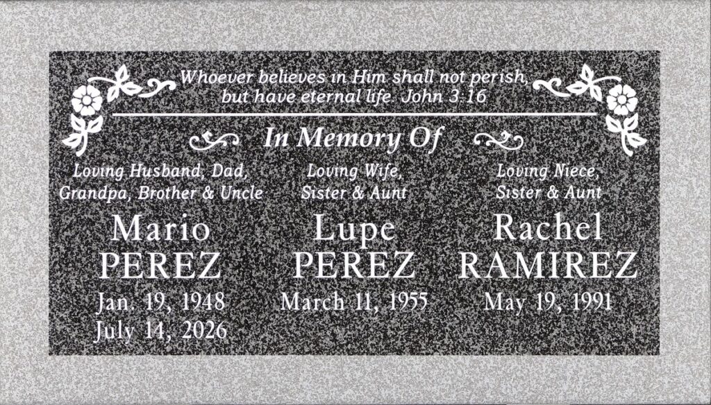 Oxford Gray granite companion memorial with scroll corners and flowers, Perez family, Pomona Valley Memorial Park