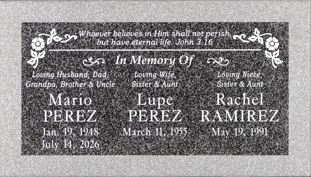 Oxford Gray granite companion memorial with scroll corners and flowers, Perez family, Pomona Valley Memorial Park
