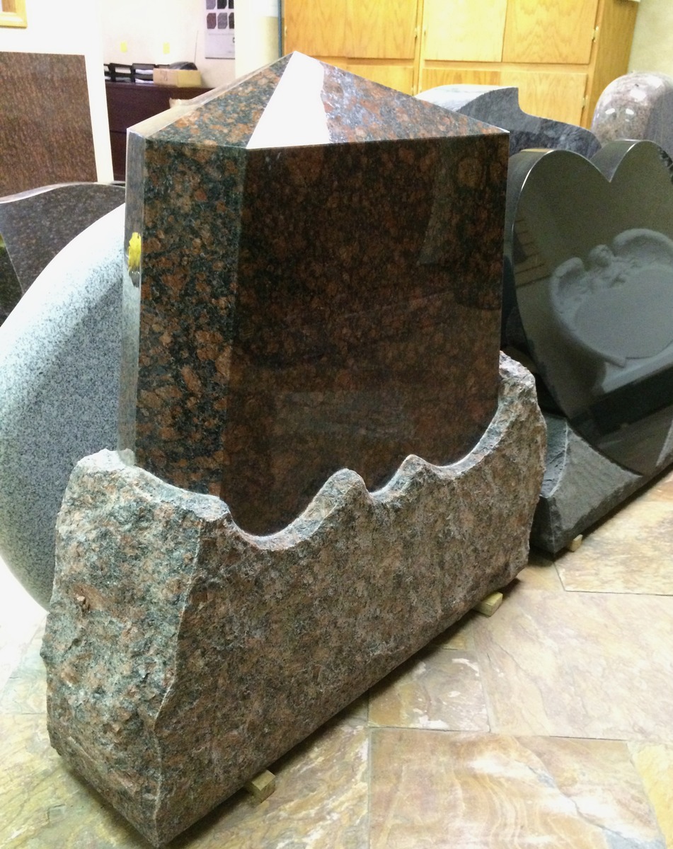 Tan Brown granite upright monument with pointed rock pitch