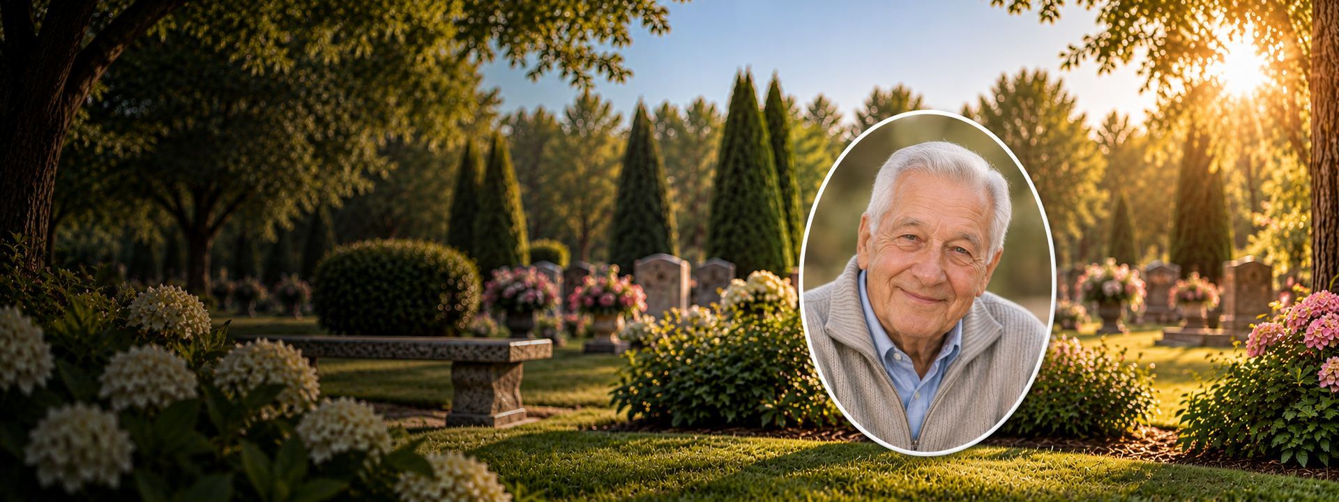 Oval porcelain portrait of a smiling older man, shown in a sunlit cemetery garden