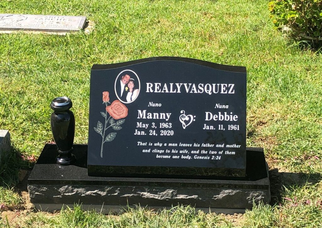 Black granite companion slant memorial with rose and portrait, Realyvasquez family, Oak Park Cemetery