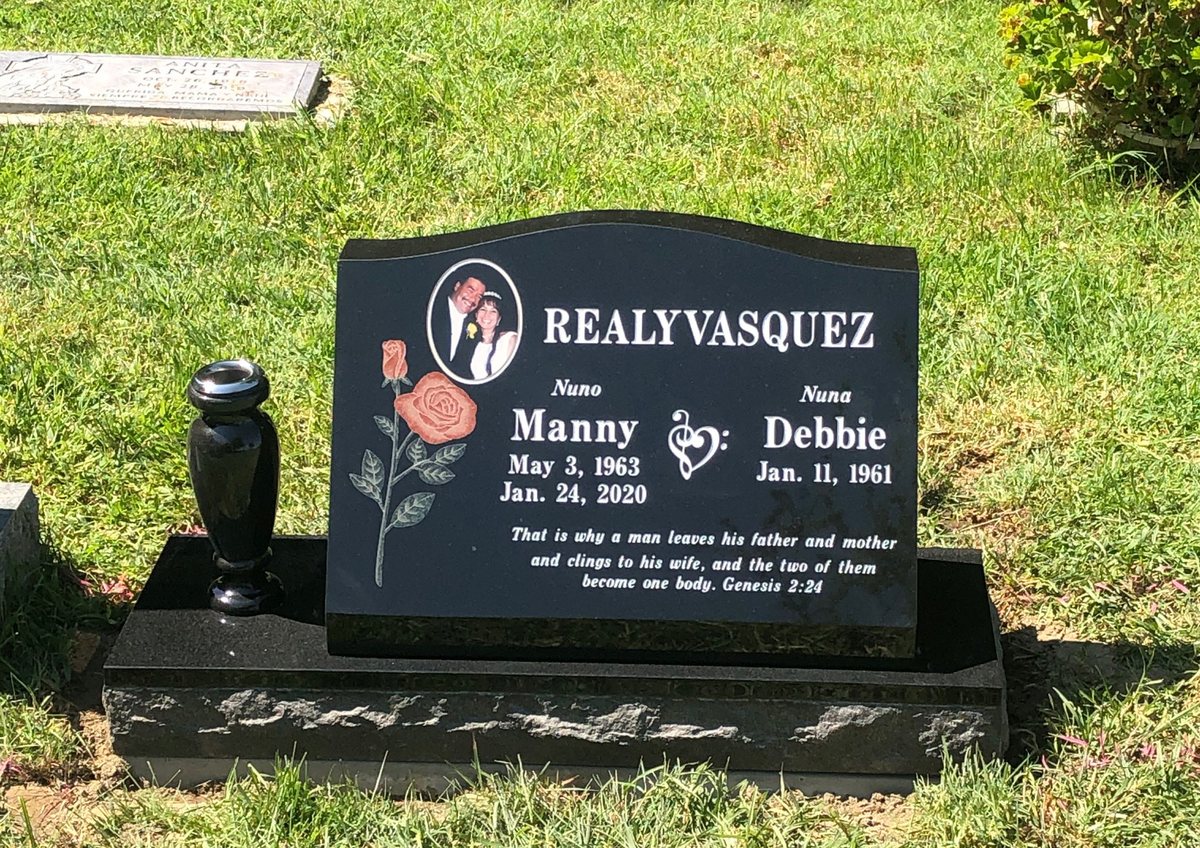 Black granite companion slant memorial with rose and portrait, Realyvasquez family, Oak Park Cemetery