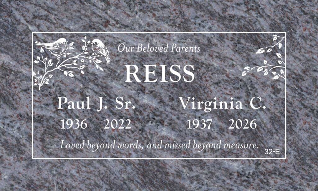 Blue Pearl granite companion grave stone with birds on a branch, Reiss family, Hillside Memorial Park