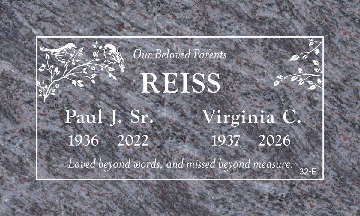 Blue Pearl granite companion grave stone with birds on a branch, Reiss family, Hillside Memorial Park