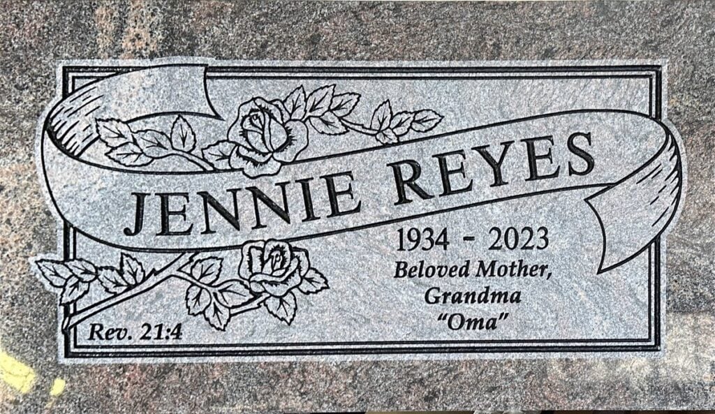 Paradiso granite memorial marker with rose scroll, Reyes family, Rose Hills Memorial Park