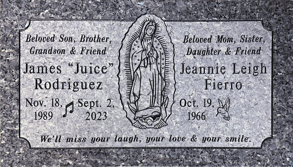 Blue Pearl granite companion grave memorial with virgin of guadalupe, Rodriguez family, Oak Park Cemetery