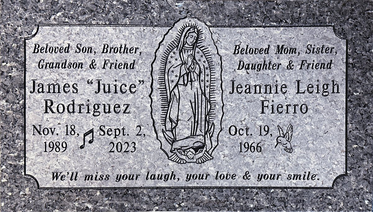 Blue Pearl granite companion grave memorial with virgin of guadalupe, Rodriguez family, Oak Park Cemetery