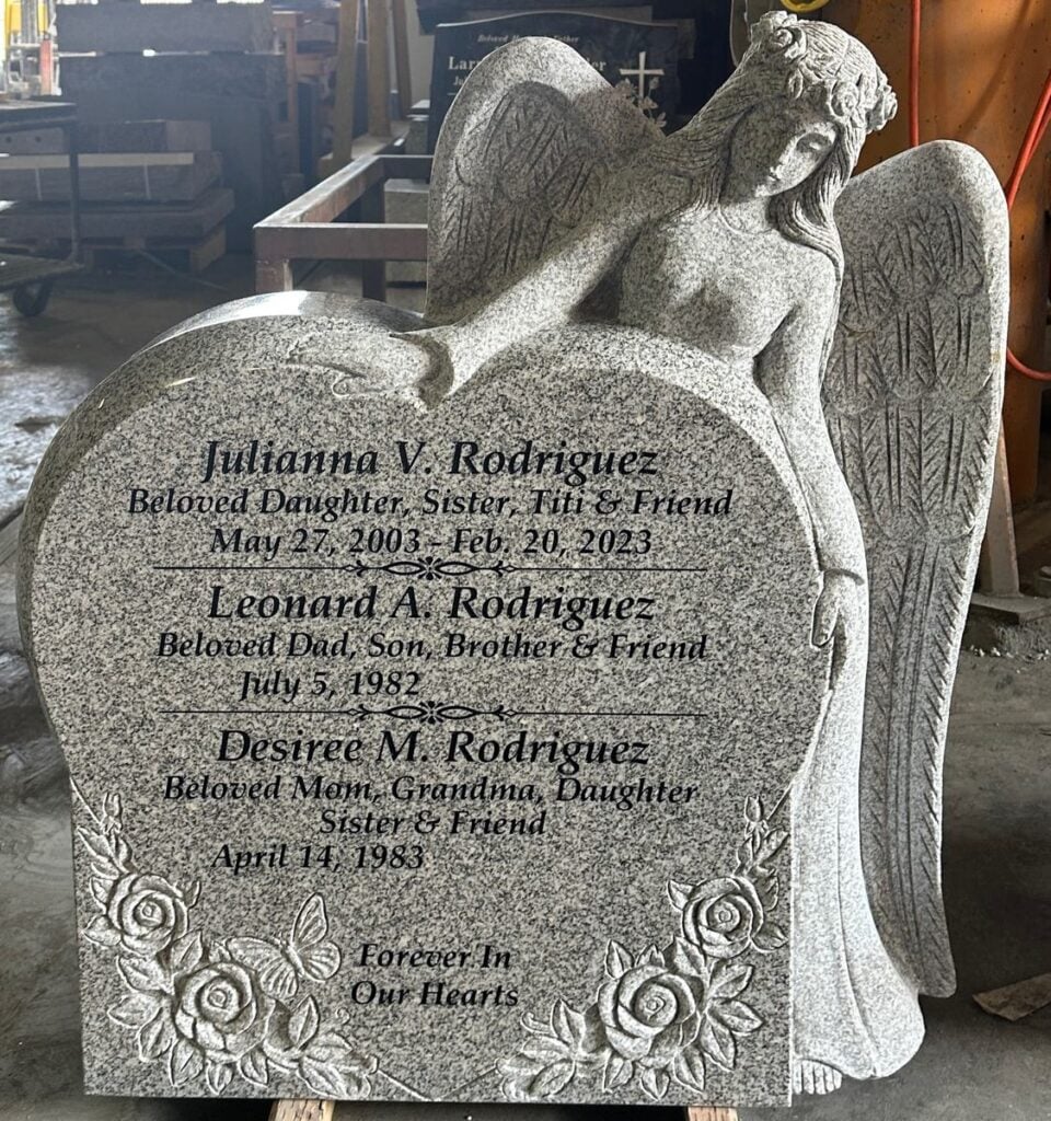 Southern White granite upright monument with weeping angel heart, Rodriguez family, Bellevue Memorial Park