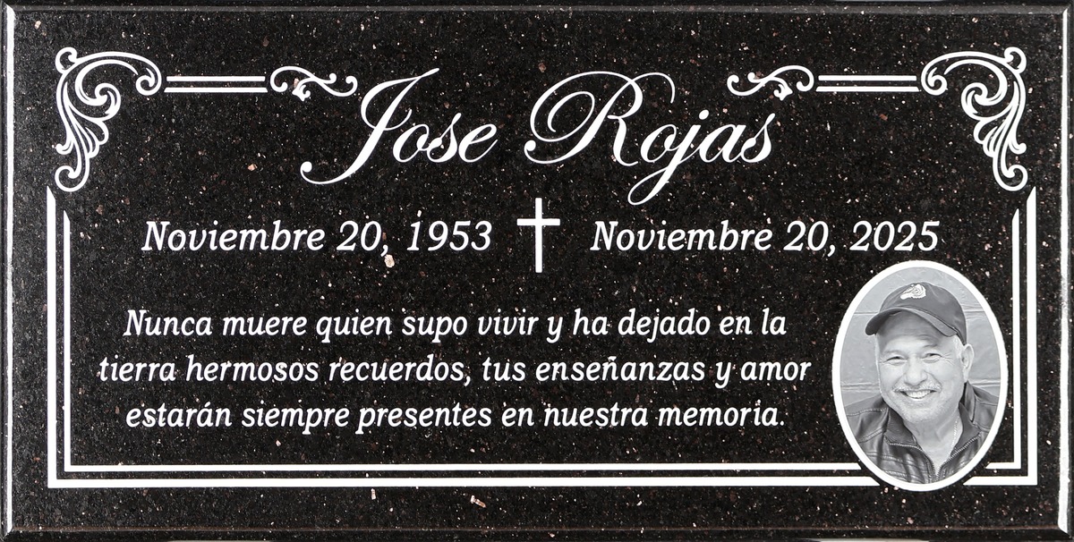 Galaxy Black granite grave stone with scroll corner border, Rojas family, Holy Cross Cemetery