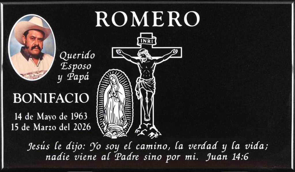 Black granite grave memorial with crucifix and guadalupe, Romero family, Holy Cross Cemetery