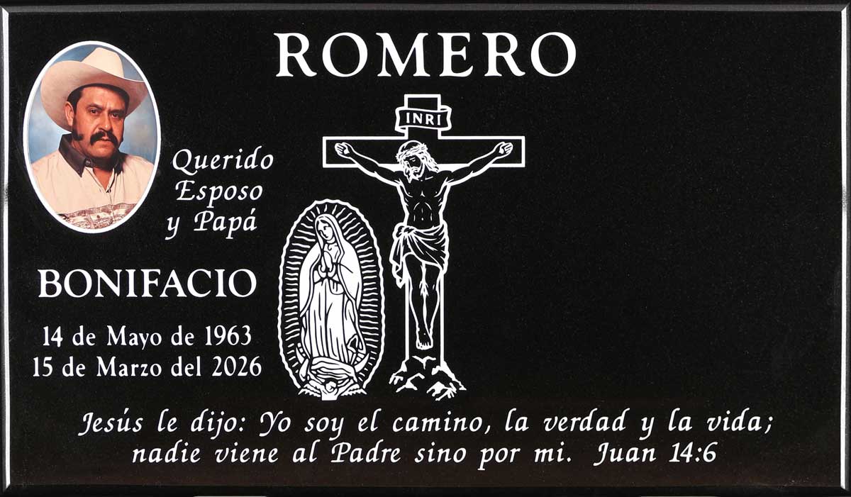 Black granite grave memorial with crucifix and guadalupe, Romero family, Holy Cross Cemetery