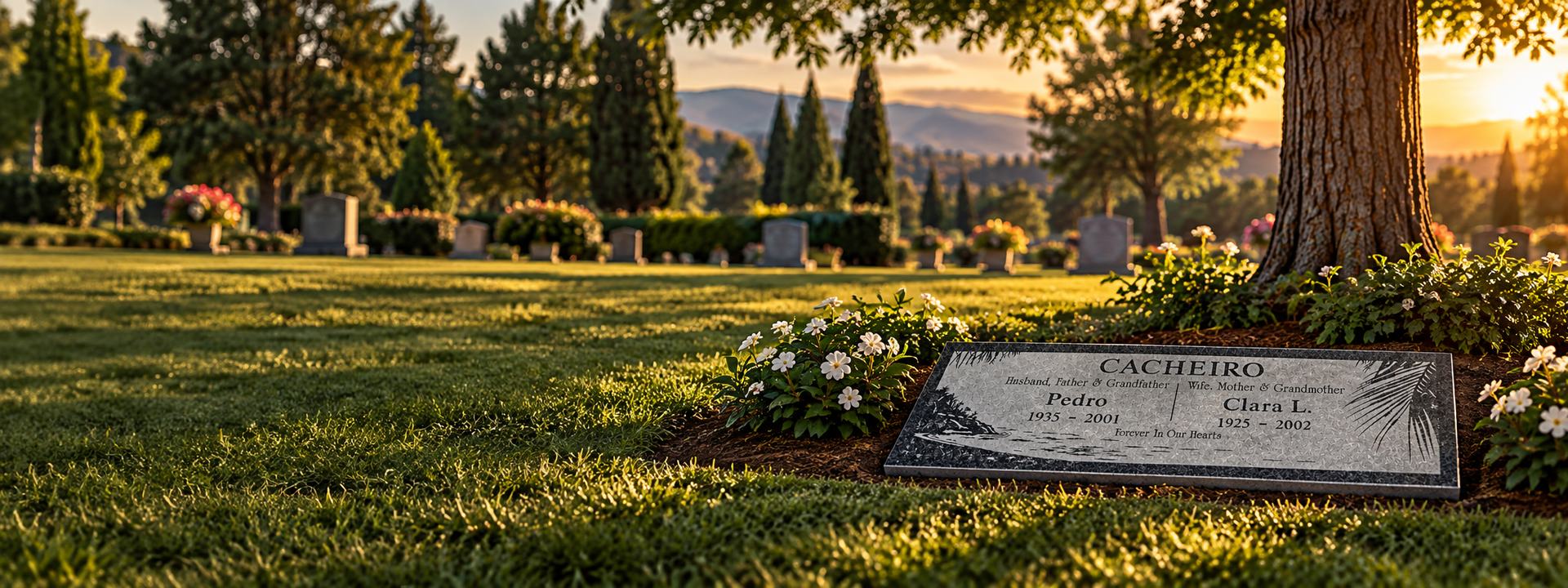 Gray granite companion flat marker under an oak tree at sunset, Rose Hills Memorial Park, Whittier