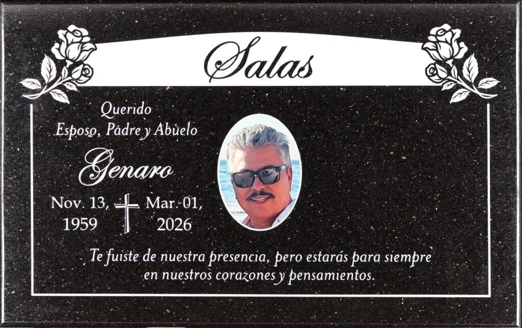 Galaxy Black granite grave marker with roses and banner, Salas family, Oakdale Memorial Park