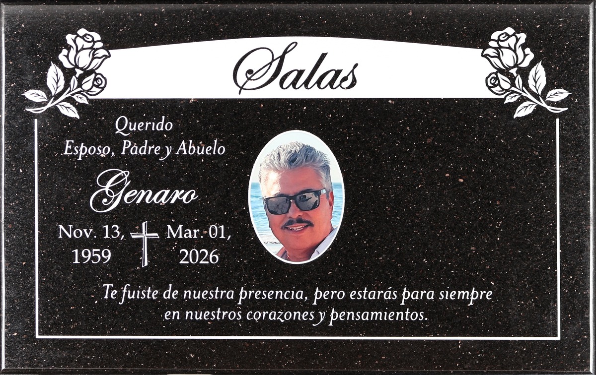 Galaxy Black granite grave marker with roses and banner, Salas family, Oakdale Memorial Park