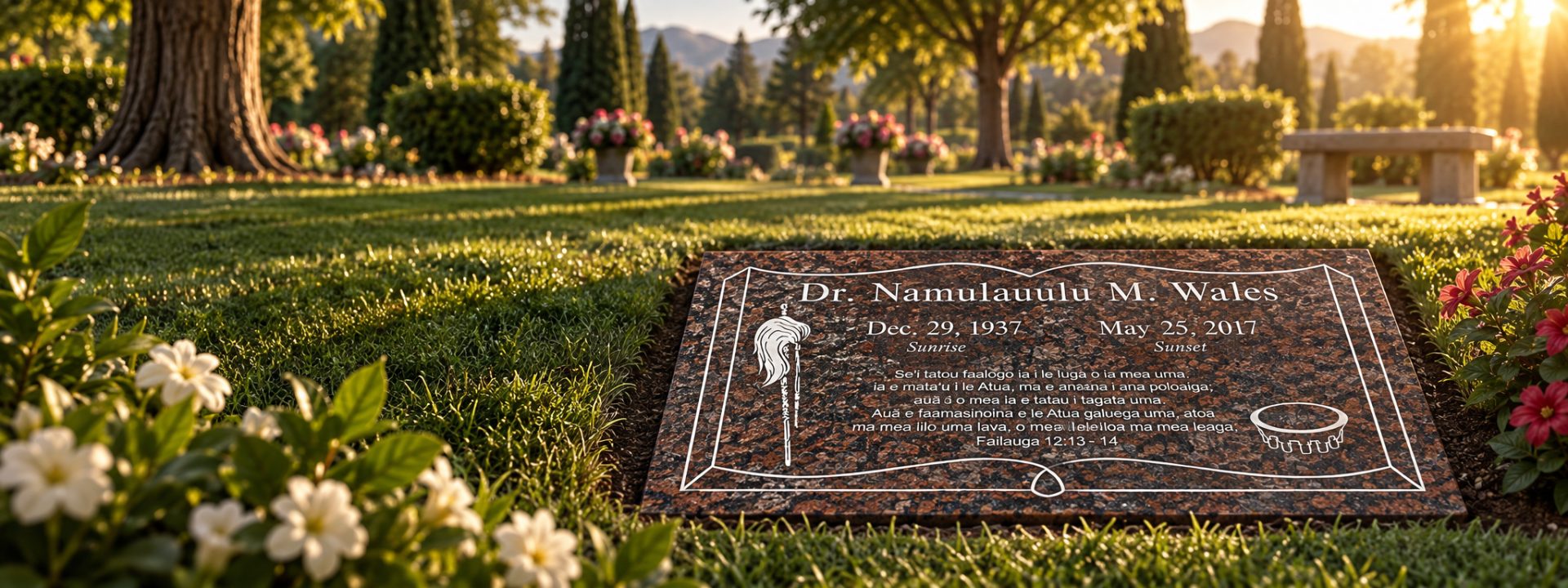 Brown granite flat headstone with an open book design, a Samoan scripture verse, a fue fly whisk and a tanoa kava bowl, set in a lawn cemetery at sunset
