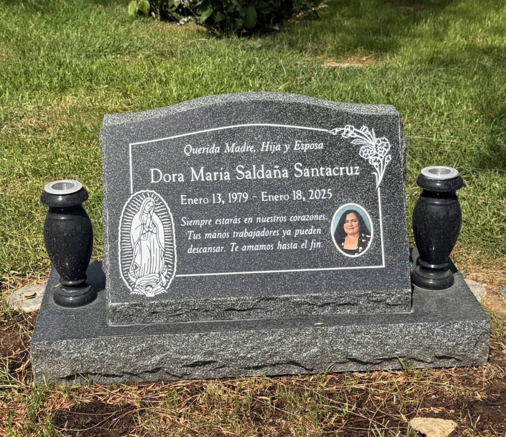 Oxford Gray granite slant memorial with guadalupe and portrait, Santacruz family