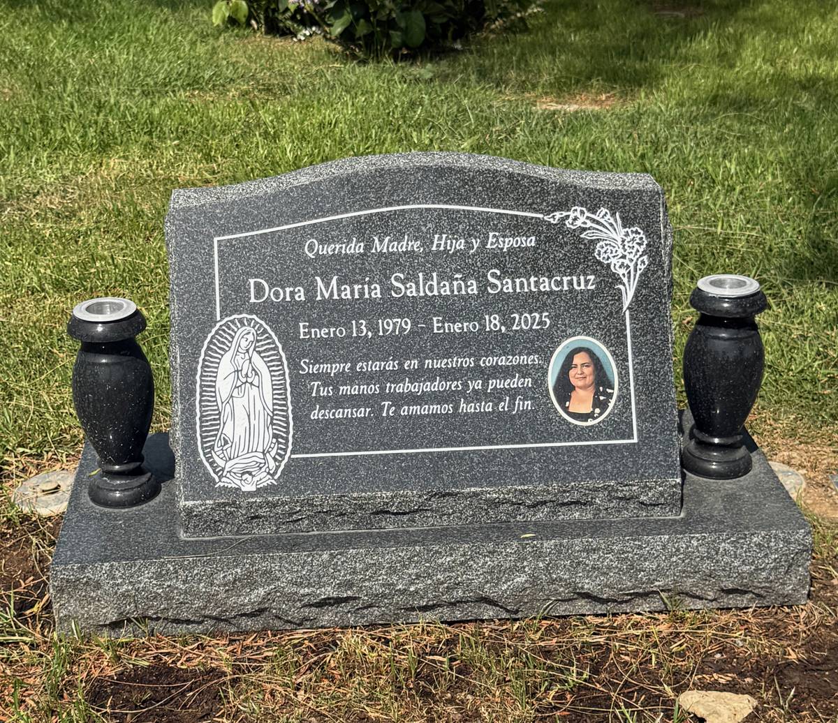 Oxford Gray granite slant memorial with guadalupe and portrait, Santacruz family