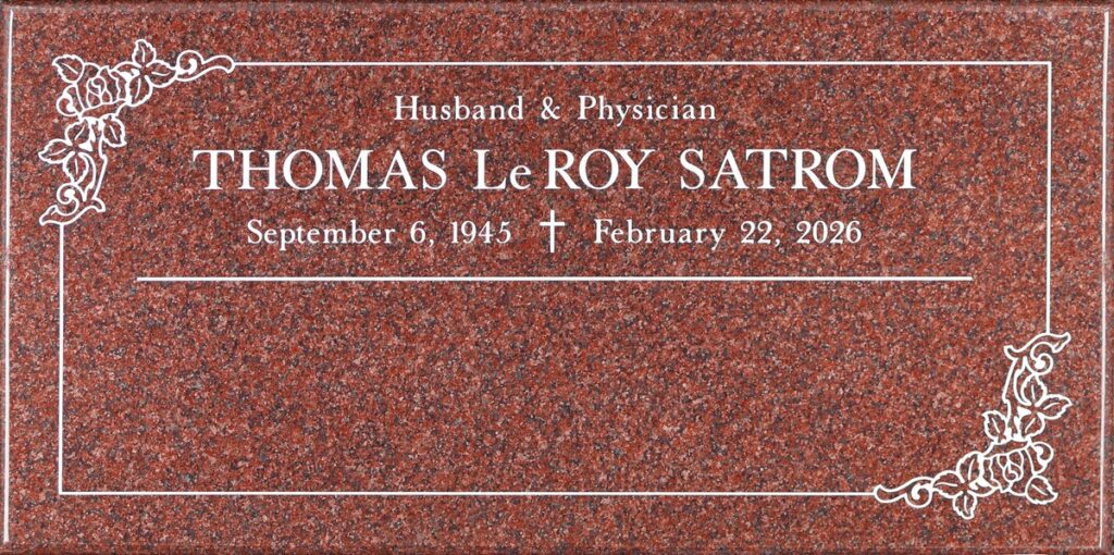 Sentinel Red granite headstone with rose corner border, Satrom family, Holy Cross Cemetery