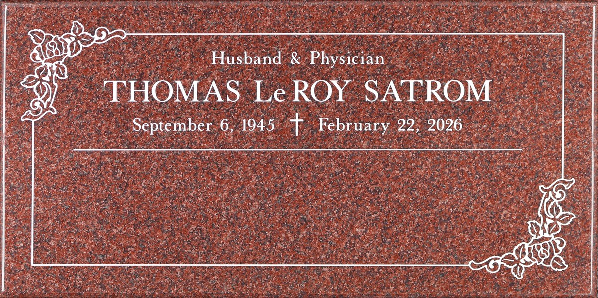 Sentinel Red granite headstone with rose corner border, Satrom family, Holy Cross Cemetery