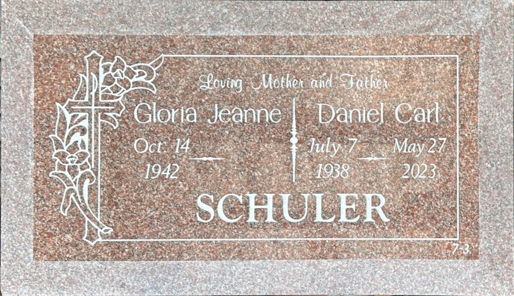 Morning Rose granite companion grave stone with cross and lilies, Schuler family, Desert View Memorial Park