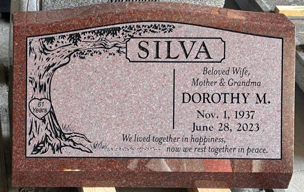 Sentinel Red granite companion slant memorial with carved oak tree, Silva family, Oak Park Cemetery