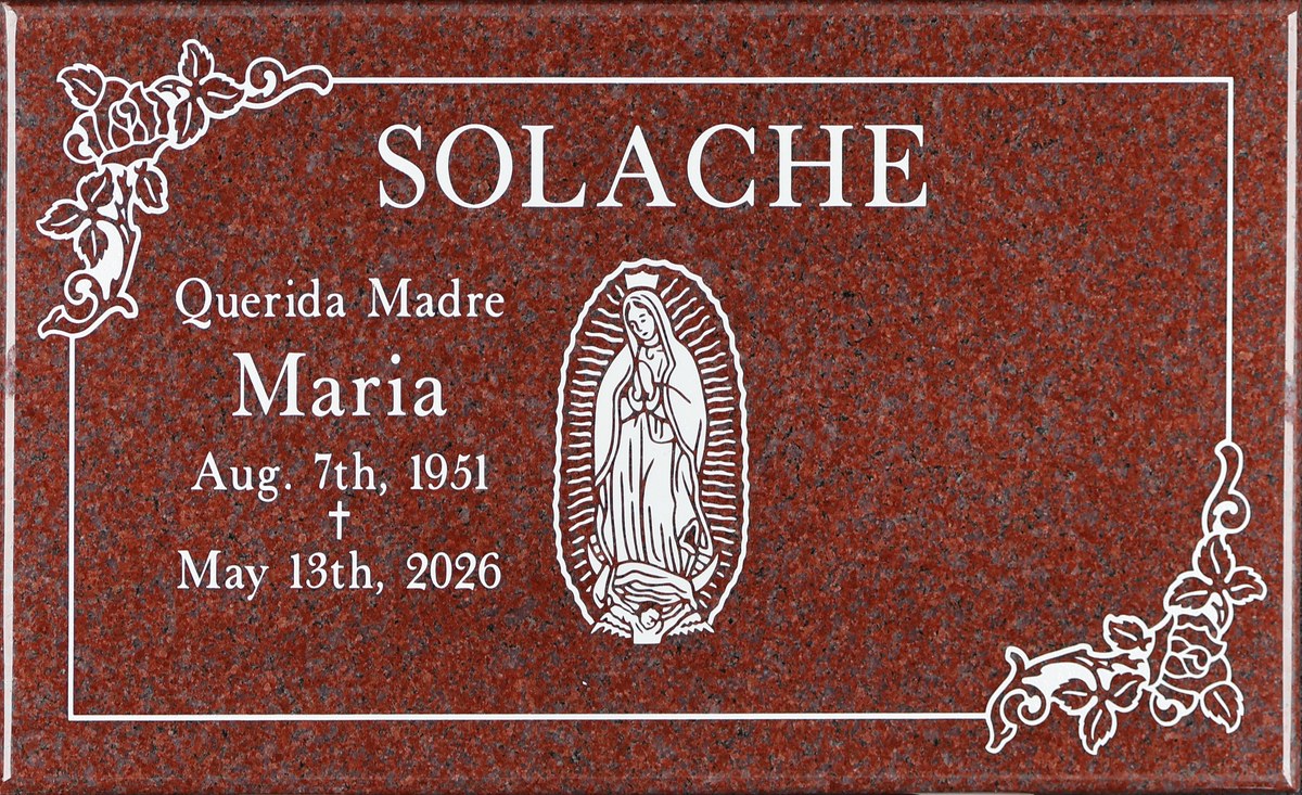 Puritan Rose granite headstone with guadalupe and roses, Solache family, Holy Cross Cemetery