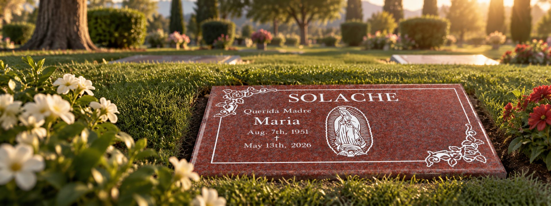 Red granite flat headstone engraved in Spanish with Querida Madre, a Virgin of Guadalupe etching and floral corners, set in a lawn cemetery at sunset