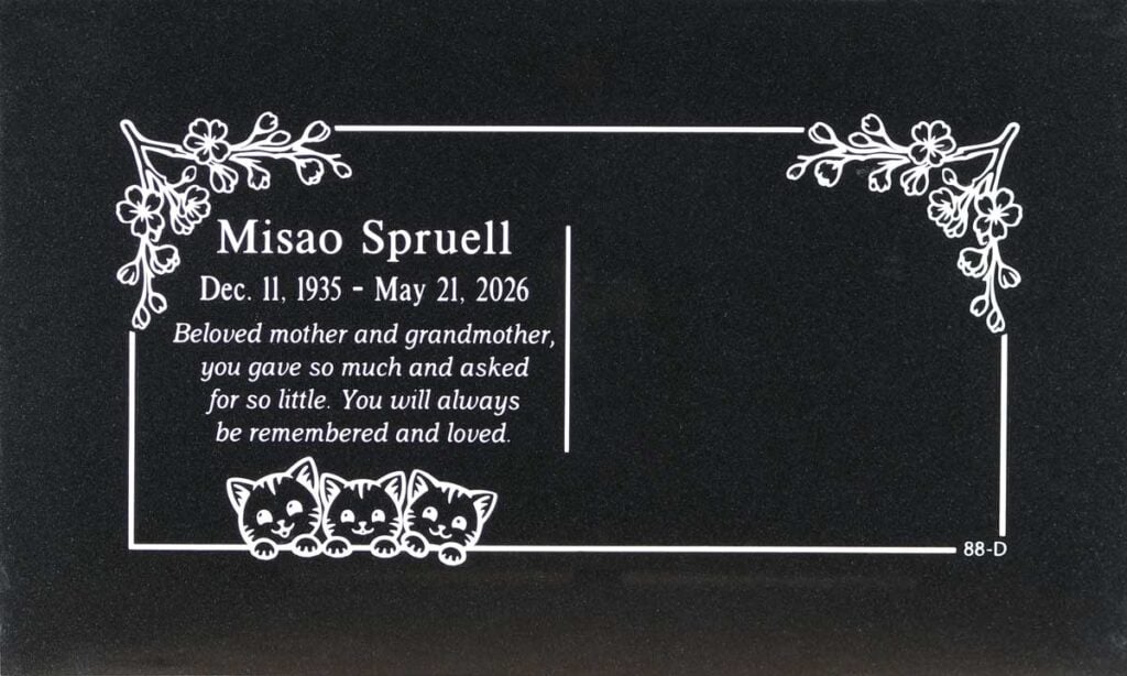 Black granite headstone with kittens and cherry blossoms, Spruell family, Hillside Memorial Park