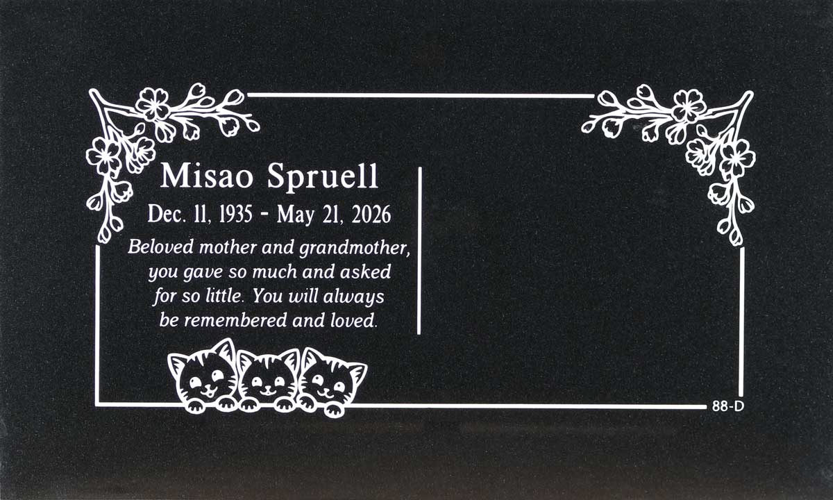 Black granite headstone with kittens and cherry blossoms, Spruell family, Hillside Memorial Park