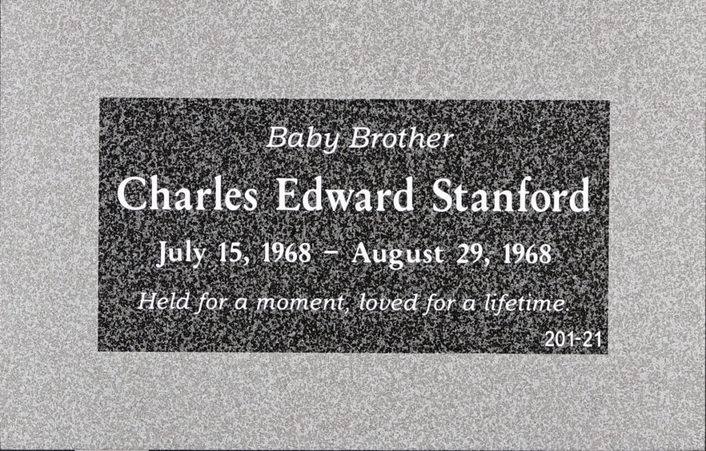 Oxford Gray granite grave marker with baby brother, Stanford family, Hillside Memorial Park