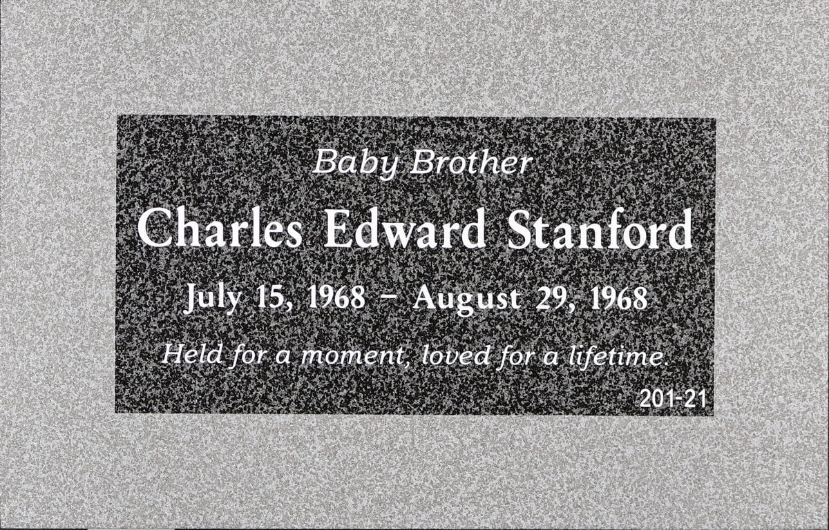 Oxford Gray granite grave marker with baby brother, Stanford family, Hillside Memorial Park