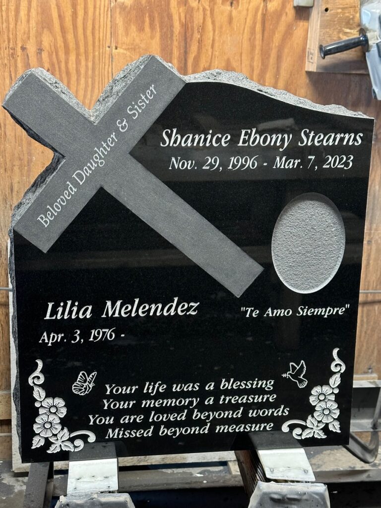 Black granite companion upright monument with cross with flowers and dove, Stearns family, Desert View Memorial Park