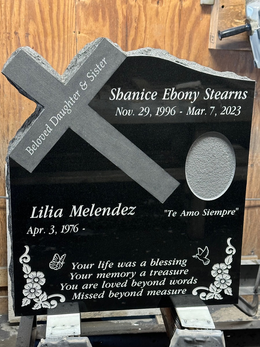 Black granite companion upright monument with cross with flowers and dove, Stearns family, Desert View Memorial Park