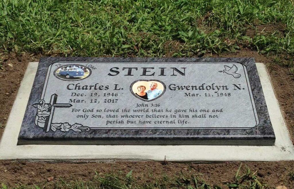 Bahama Blue granite companion grave memorial with cross dove and portraits, Stein family, Oak Park Cemetery