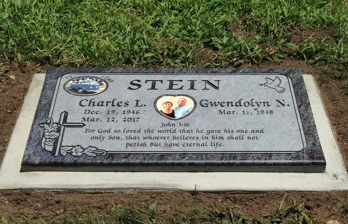 Bahama Blue granite companion grave memorial with cross dove and portraits, Stein family, Oak Park Cemetery