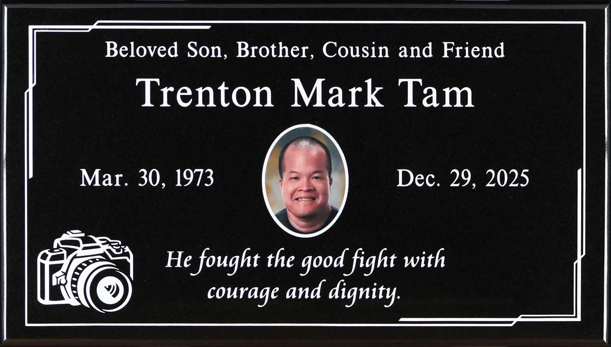 Black granite memorial marker with camera portrait, Tam family, El Toro Memorial Park