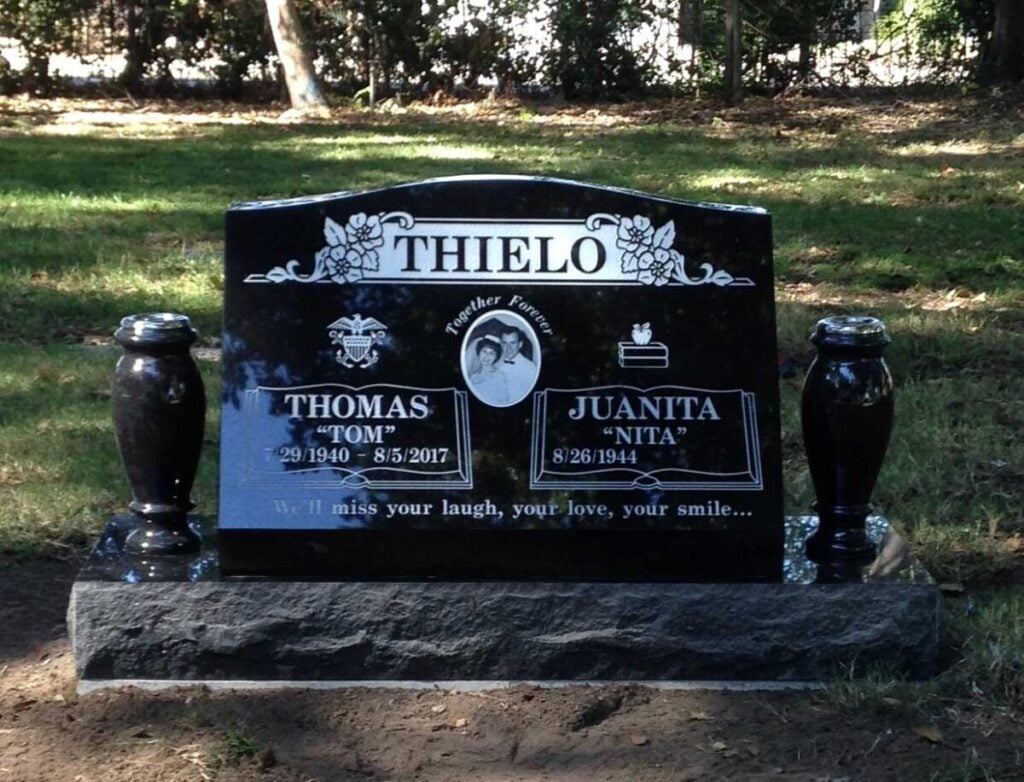 Black granite companion upright monument with navy and teacher emblems, Thielo family, Oak Park Cemetery
