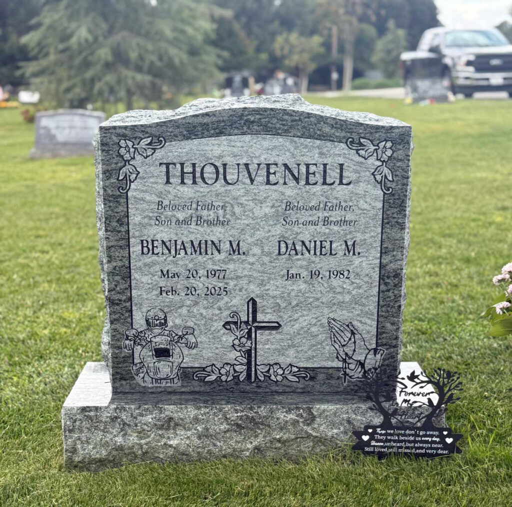 Sage Green granite companion upright monument with cross praying hands, Thouvenell family, Oak Park Cemetery