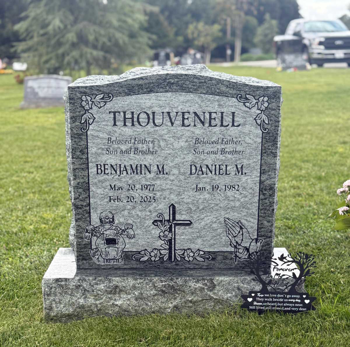 Sage Green granite companion upright monument with cross praying hands, Thouvenell family, Oak Park Cemetery